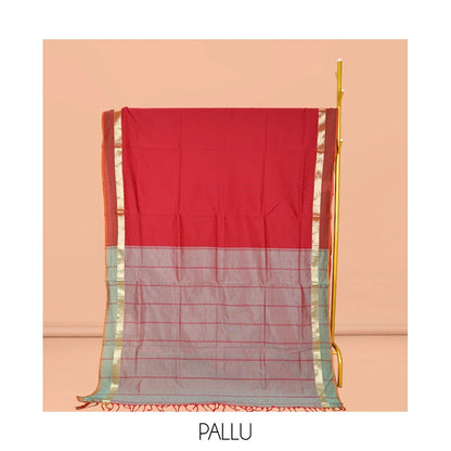 Pothys Red Poly Cotton Saree, Sparsely Sparkled with Checks, Complemented by a Contrast Traditional Zari Border, Contrast Striped Pallu, and Paired with a Contrast Blouse