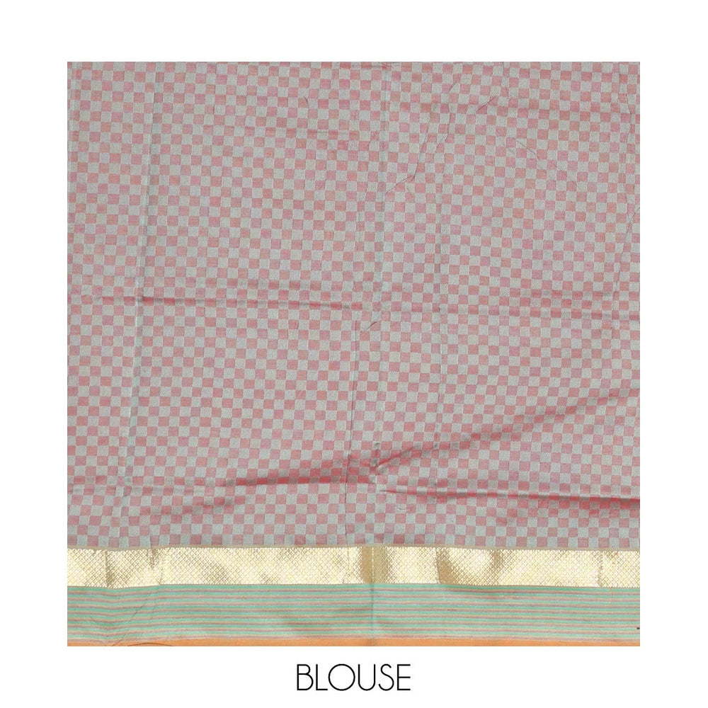 Pothys Red Poly Cotton Saree, Sparsely Sparkled with Checks, Complemented by a Contrast Traditional Zari Border, Contrast Striped Pallu, and Paired with a Contrast Blouse