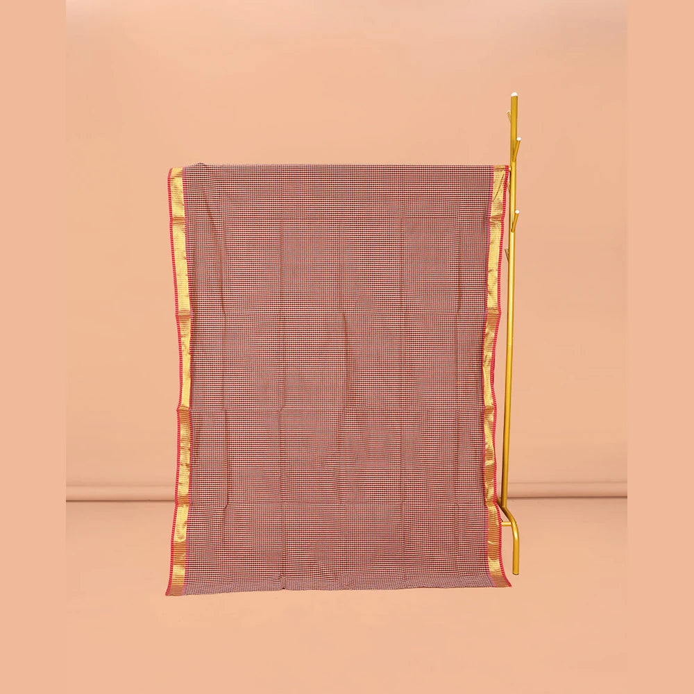 Pothys Red Micro-Checked Poly Cotton Saree, Complemented by a Contrast Zari Border, Contrast Striped Pallu, and Paired with a Contrast Blouse