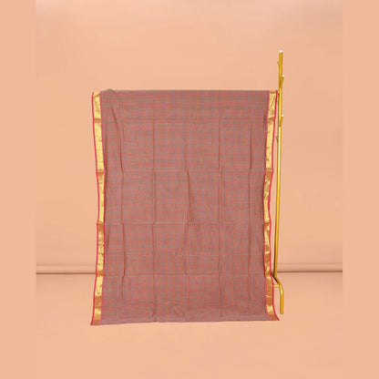 Pothys Red Micro-Checked Poly Cotton Saree, Complemented by a Contrast Zari Border, Contrast Striped Pallu, and Paired with a Contrast Blouse