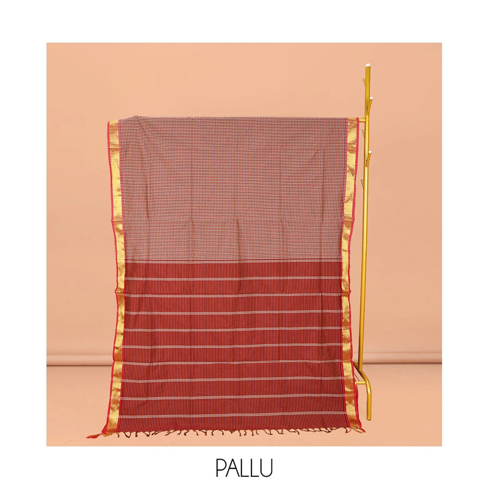 Pothys Red Micro-Checked Poly Cotton Saree, Complemented by a Contrast Zari Border, Contrast Striped Pallu, and Paired with a Contrast Blouse