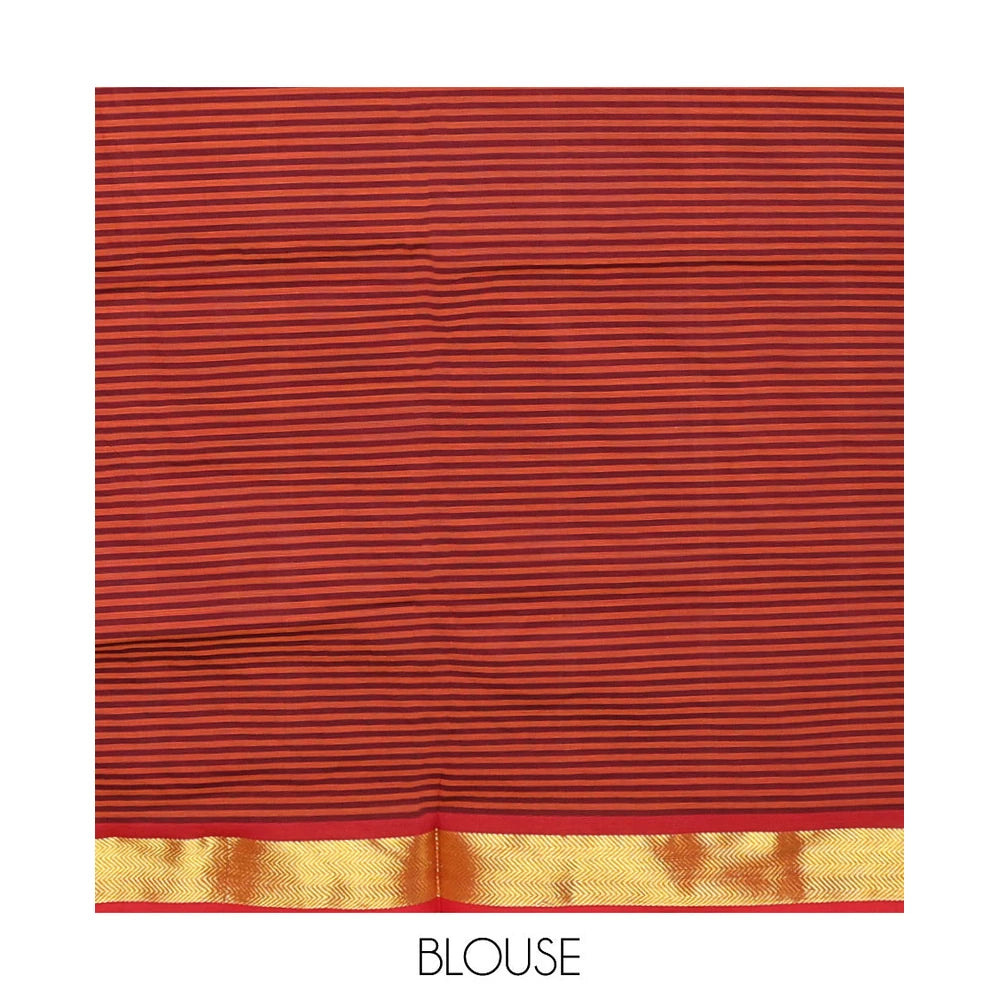 Pothys Red Micro-Checked Poly Cotton Saree, Complemented by a Contrast Zari Border, Contrast Striped Pallu, and Paired with a Contrast Blouse