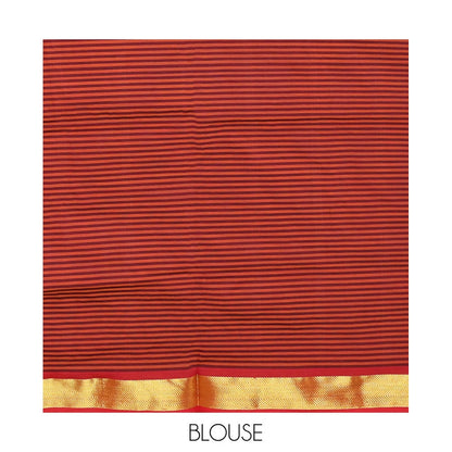 Pothys Red Micro-Checked Poly Cotton Saree, Complemented by a Contrast Zari Border, Contrast Striped Pallu, and Paired with a Contrast Blouse