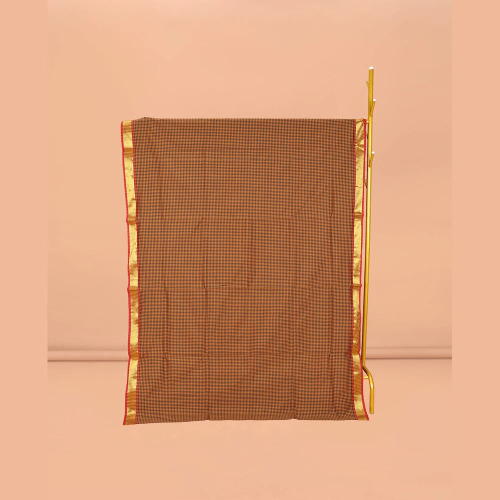 Pothys Orange Micro-Checked Poly Cotton Saree, Complemented by a Contrast Zari Border, Contrast Striped Pallu, and Paired with a Contrast Blouse