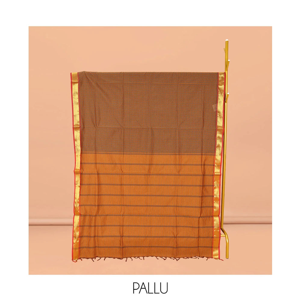 Pothys Orange Micro-Checked Poly Cotton Saree, Complemented by a Contrast Zari Border, Contrast Striped Pallu, and Paired with a Contrast Blouse