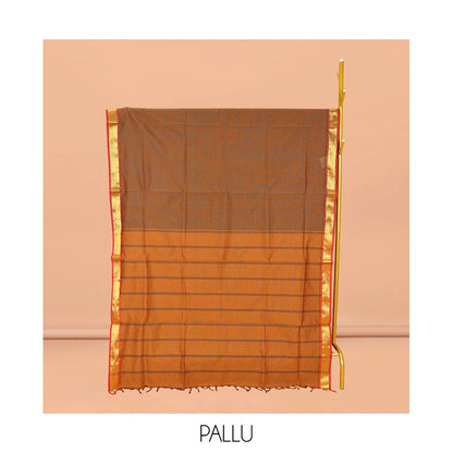 Pothys Orange Micro-Checked Poly Cotton Saree, Complemented by a Contrast Zari Border, Contrast Striped Pallu, and Paired with a Contrast Blouse