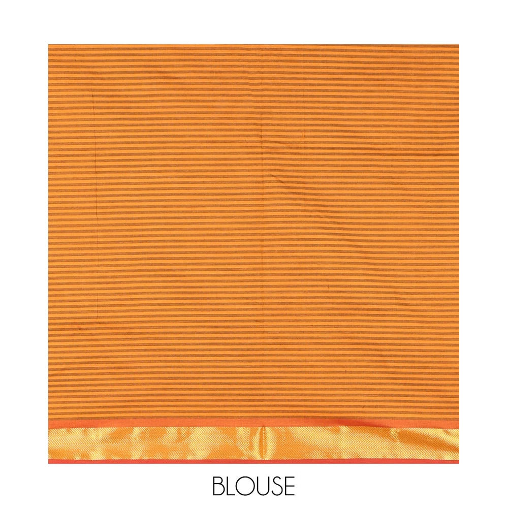 Pothys Orange Micro-Checked Poly Cotton Saree, Complemented by a Contrast Zari Border, Contrast Striped Pallu, and Paired with a Contrast Blouse