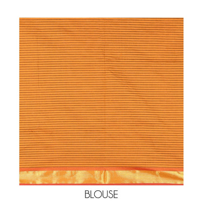 Pothys Orange Micro-Checked Poly Cotton Saree, Complemented by a Contrast Zari Border, Contrast Striped Pallu, and Paired with a Contrast Blouse
