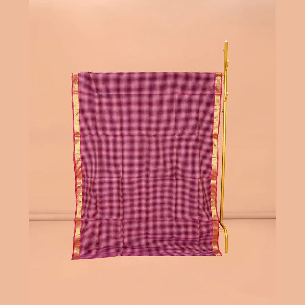 Pothys Pink Micro-Checked Poly Cotton Saree, Complemented by a Contrast Zari Border, Contrast Striped Pallu, and Paired with a Contrast Blouse