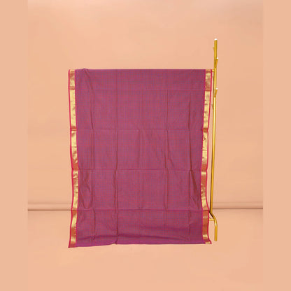Pothys Pink Micro-Checked Poly Cotton Saree, Complemented by a Contrast Zari Border, Contrast Striped Pallu, and Paired with a Contrast Blouse