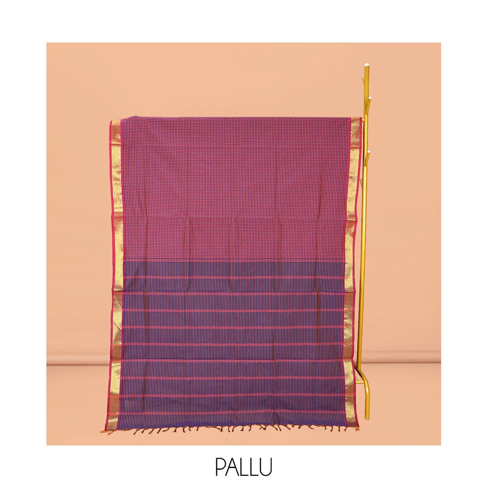 Pothys Pink Micro-Checked Poly Cotton Saree, Complemented by a Contrast Zari Border, Contrast Striped Pallu, and Paired with a Contrast Blouse