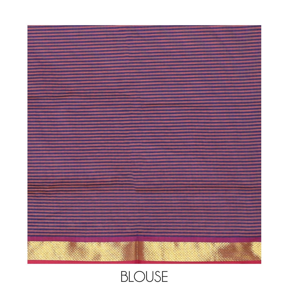 Pothys Pink Micro-Checked Poly Cotton Saree, Complemented by a Contrast Zari Border, Contrast Striped Pallu, and Paired with a Contrast Blouse
