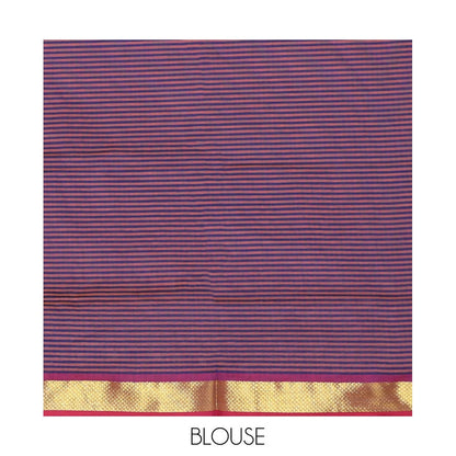 Pothys Pink Micro-Checked Poly Cotton Saree, Complemented by a Contrast Zari Border, Contrast Striped Pallu, and Paired with a Contrast Blouse