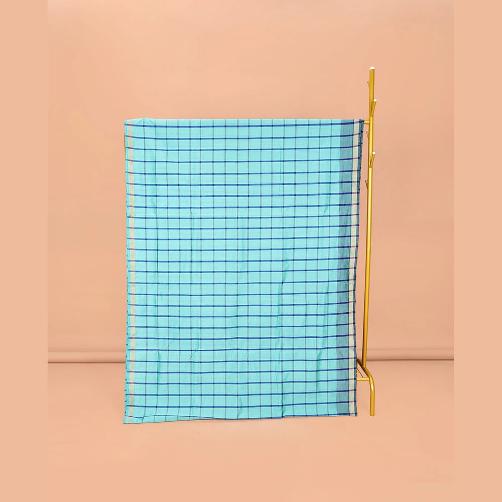 Pothys Blue Checked Poly Cotton Saree, Highlighted by a Self-Border, Contrast Zari Striped Pallu, and Paired with a Contrast Blouse