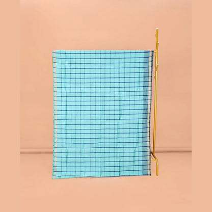 Pothys Blue Checked Poly Cotton Saree, Highlighted by a Self-Border, Contrast Zari Striped Pallu, and Paired with a Contrast Blouse