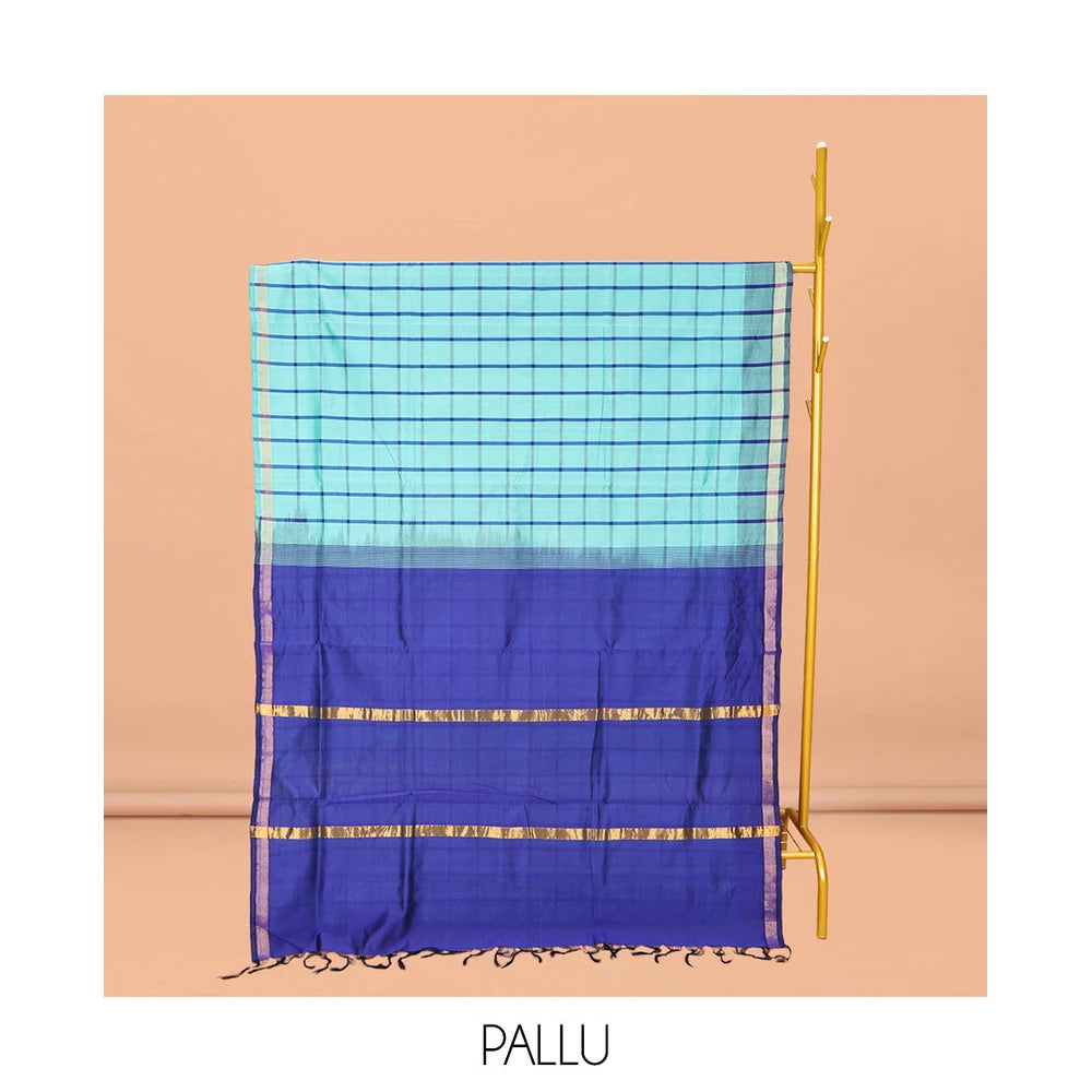 Pothys Blue Checked Poly Cotton Saree, Highlighted by a Self-Border, Contrast Zari Striped Pallu, and Paired with a Contrast Blouse
