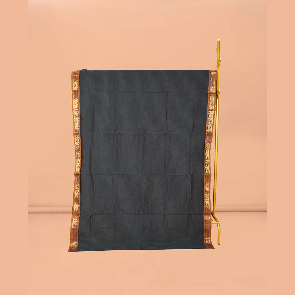 Pothys Black Textured Poly Cotton Saree, Complemented by Contrast Traditional Zari Design Border, Pallu of Stripes, and Paired with a Contrast Blouse