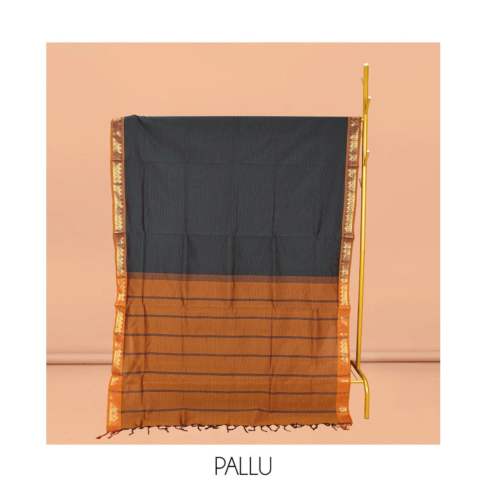 Pothys Black Textured Poly Cotton Saree, Complemented by Contrast Traditional Zari Design Border, Pallu of Stripes, and Paired with a Contrast Blouse