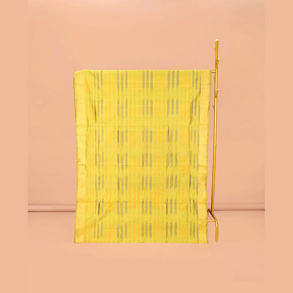 Pothys Yellow-Purple Poly Cotton Saree, Subtly Sparkled with Buttas all over its Body, a Subtle Border, Complemented by Contrast Pallu of Stripes, and Paired with a Contrast Blouse