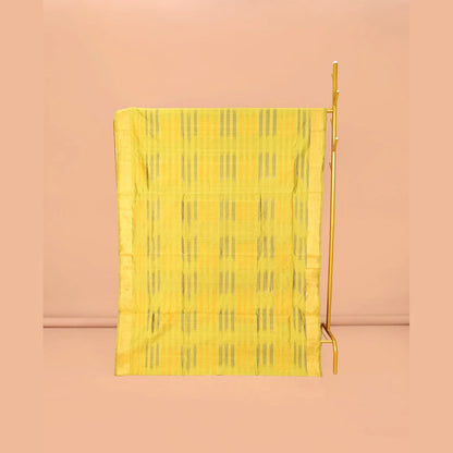 Pothys Yellow-Purple Poly Cotton Saree, Subtly Sparkled with Buttas all over its Body, a Subtle Border, Complemented by Contrast Pallu of Stripes, and Paired with a Contrast Blouse