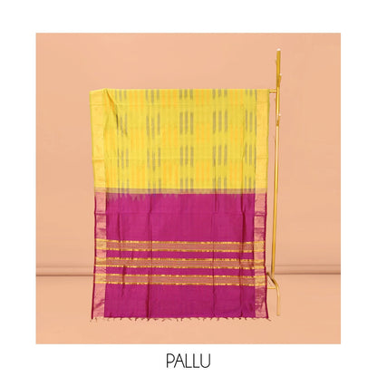 Pothys Yellow-Purple Poly Cotton Saree, Subtly Sparkled with Buttas all over its Body, a Subtle Border, Complemented by Contrast Pallu of Stripes, and Paired with a Contrast Blouse