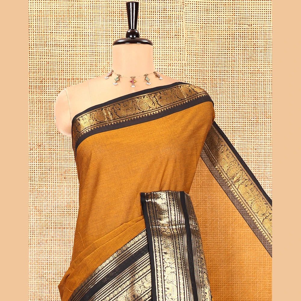 Pothys Mustard Chettinad Cotton Saree with Temple Zari Border
