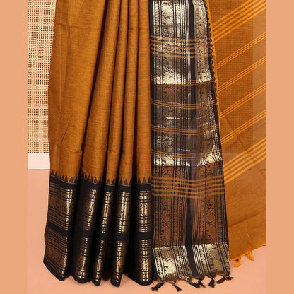 Pothys Mustard Chettinad Cotton Saree with Temple Zari Border