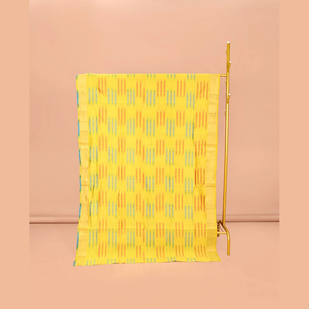 Pothys Yellow-Blue Poly Cotton Saree, Subtly Sparkled with Buttas all over its Body, a Subtle Border, Complemented by Contrast Pallu of Stripes, and Paired with a Contrast Blouse