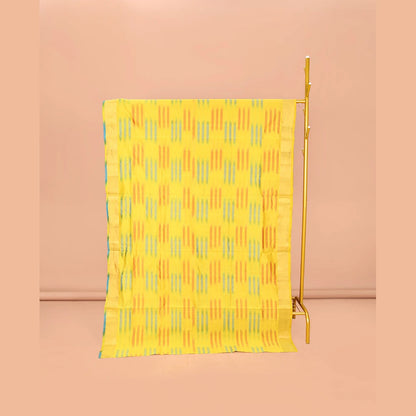 Pothys Yellow-Blue Poly Cotton Saree, Subtly Sparkled with Buttas all over its Body, a Subtle Border, Complemented by Contrast Pallu of Stripes, and Paired with a Contrast Blouse