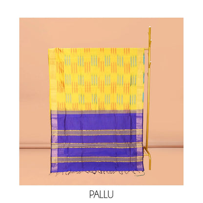 Pothys Yellow-Blue Poly Cotton Saree, Subtly Sparkled with Buttas all over its Body, a Subtle Border, Complemented by Contrast Pallu of Stripes, and Paired with a Contrast Blouse