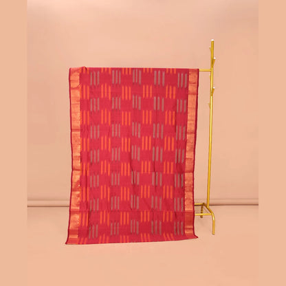 Pothys Maroon Poly Cotton Saree, Subtly Sparked with Buttas, Subtle Bavanji Border, Complemented by Contrast Pallu of Stripes, and Paired with a Contrast Blouse