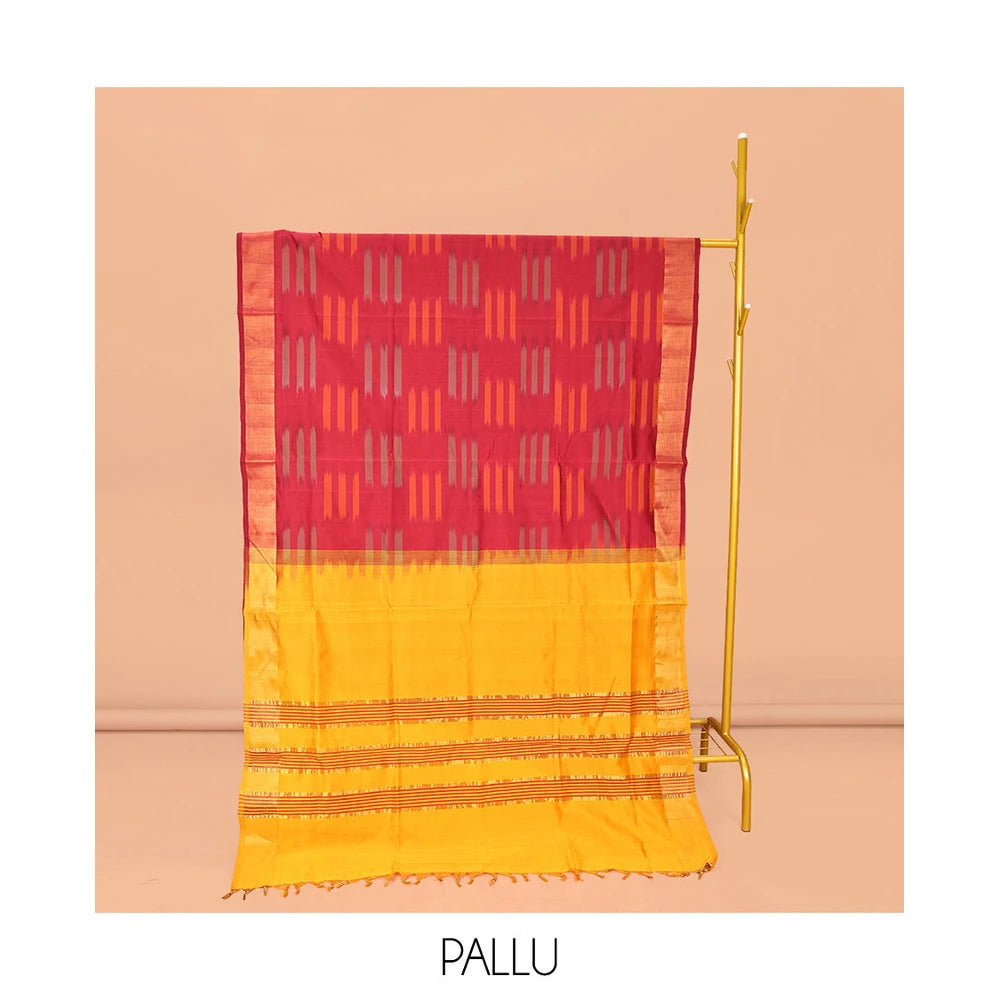 Pothys Maroon Poly Cotton Saree, Subtly Sparked with Buttas, Subtle Bavanji Border, Complemented by Contrast Pallu of Stripes, and Paired with a Contrast Blouse