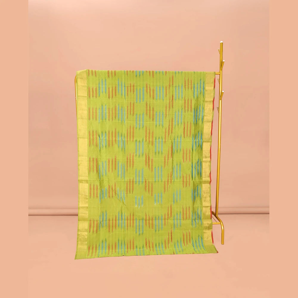 Pothys Green Poly Cotton Saree, Subtly Sparked with Buttas, Subtle Bavanji Border, Complemented by Contrast Pallu of Stripes, and Paired with a Contrast Blouse