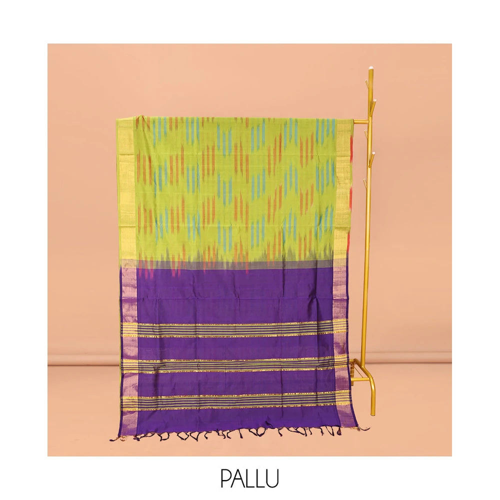 Pothys Green Poly Cotton Saree, Subtly Sparked with Buttas, Subtle Bavanji Border, Complemented by Contrast Pallu of Stripes, and Paired with a Contrast Blouse