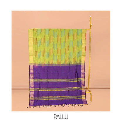 Pothys Green Poly Cotton Saree, Subtly Sparked with Buttas, Subtle Bavanji Border, Complemented by Contrast Pallu of Stripes, and Paired with a Contrast Blouse