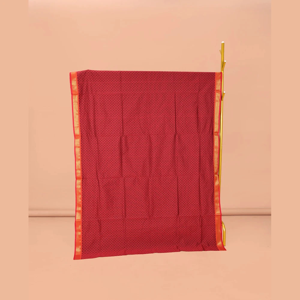 Pothys Maroon Checked Poly Cotton Saree, Complemented by Contrast Zari Border, Pallu of Stripes, and Paired with a Contrast Blouse