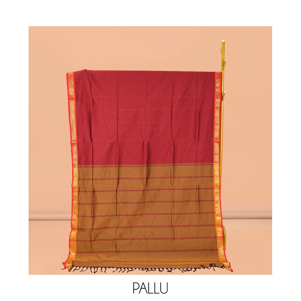 Pothys Maroon Checked Poly Cotton Saree, Complemented by Contrast Zari Border, Pallu of Stripes, and Paired with a Contrast Blouse