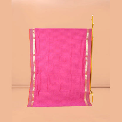 Pothys Candy Pink Checked Poly Cotton Saree, Complemented by a Contrast Zari Border, Contrast Striped Pallu, and Paired with a Contrast Blouse