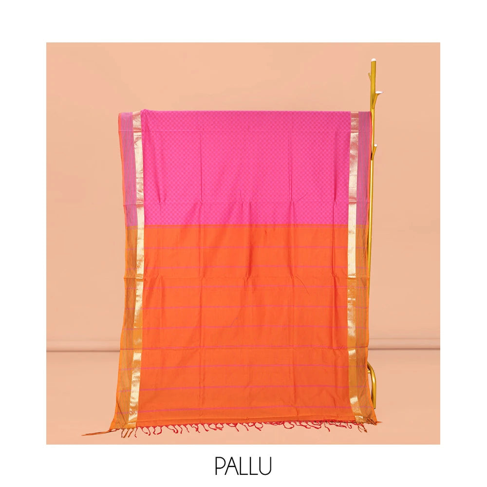 Pothys Candy Pink Checked Poly Cotton Saree, Complemented by a Contrast Zari Border, Contrast Striped Pallu, and Paired with a Contrast Blouse