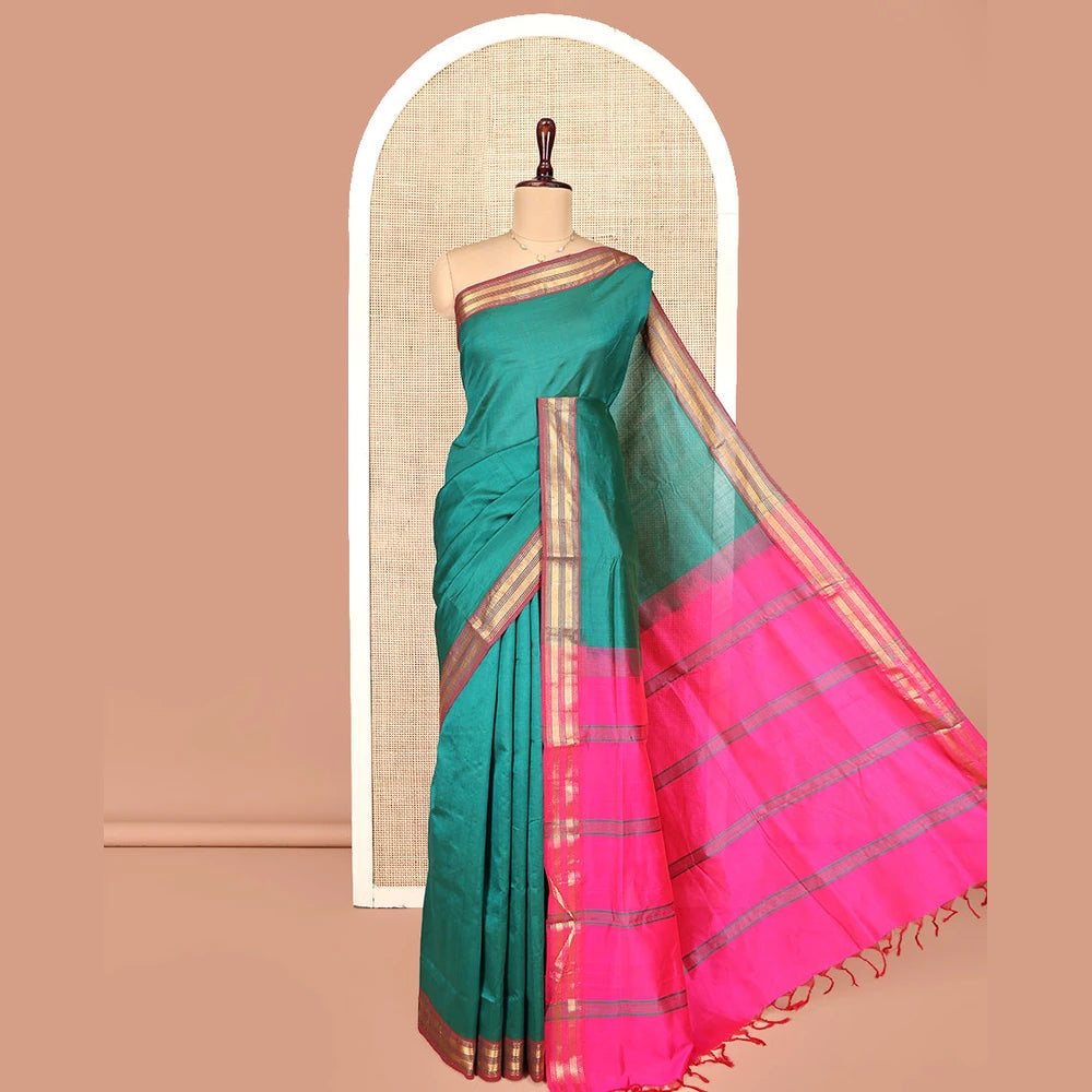 Pothys Green Plain Poly Cotton Saree, Complemented by Contrast Traditional Zari Border, Vibrant Striped Pallu, and Paired with a Contrast Blouse