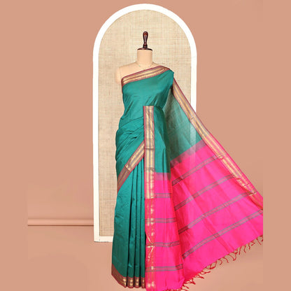Pothys Green Plain Poly Cotton Saree, Complemented by Contrast Traditional Zari Border, Vibrant Striped Pallu, and Paired with a Contrast Blouse