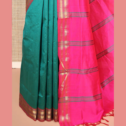 Pothys Green Plain Poly Cotton Saree, Complemented by Contrast Traditional Zari Border, Vibrant Striped Pallu, and Paired with a Contrast Blouse