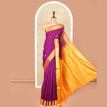 Pothys Purple Poly Cotton Saree, Adorned with Buttas all over its Body, Complemented by Contrast Zari Border, Chevron Striped Pallu, and Paired with a Contrast Blouse
