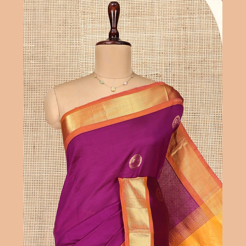 Pothys Purple Poly Cotton Saree, Adorned with Buttas all over its Body, Complemented by Contrast Zari Border, Chevron Striped Pallu, and Paired with a Contrast Blouse