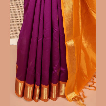 Pothys Purple Poly Cotton Saree, Adorned with Buttas all over its Body, Complemented by Contrast Zari Border, Chevron Striped Pallu, and Paired with a Contrast Blouse