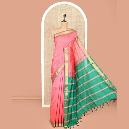 Pothys Pink Plain Poly Cotton Saree, Complemented by Contrast Zari Border, Contrast Striped Pallu, and Paired with a Contrast Blouse