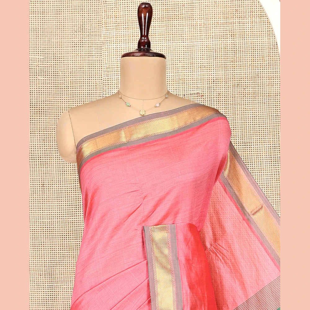 Pothys Pink Plain Poly Cotton Saree, Complemented by Contrast Zari Border, Contrast Striped Pallu, and Paired with a Contrast Blouse