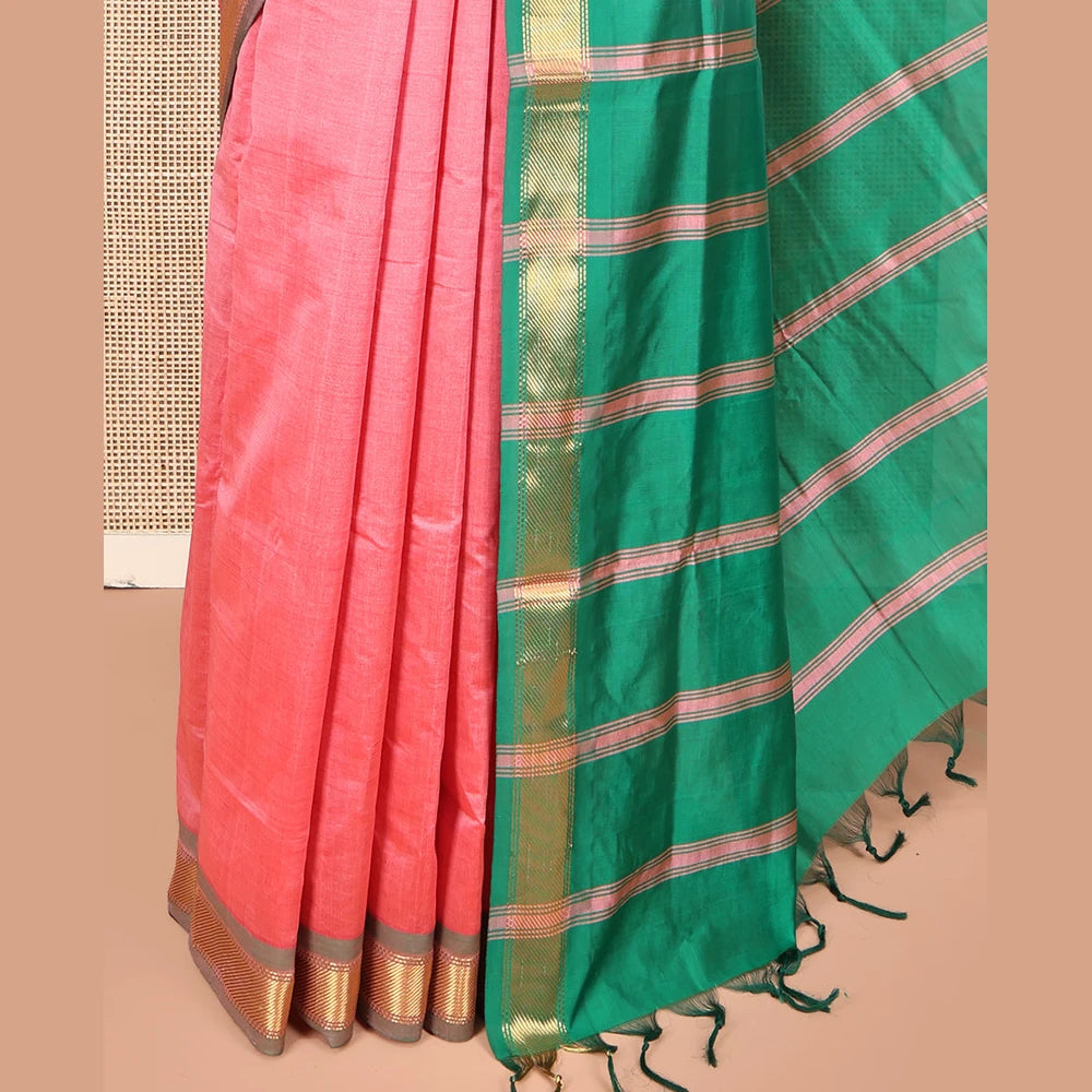 Pothys Pink Plain Poly Cotton Saree, Complemented by Contrast Zari Border, Contrast Striped Pallu, and Paired with a Contrast Blouse