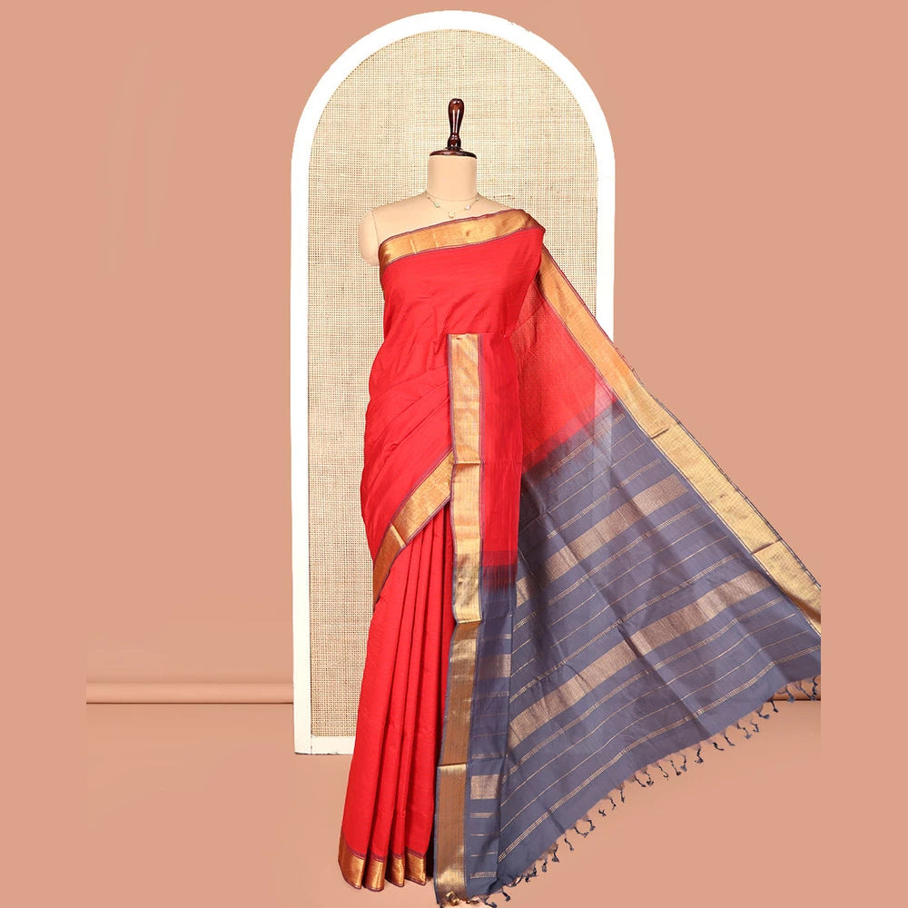 Pothys Red Striped Poly Cotton Saree, Complemented by Contrast Zari Border, Zari Design Pallu, and Paired with a Contrast Blouse