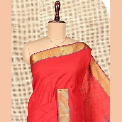 Pothys Red Striped Poly Cotton Saree, Complemented by Contrast Zari Border, Zari Design Pallu, and Paired with a Contrast Blouse